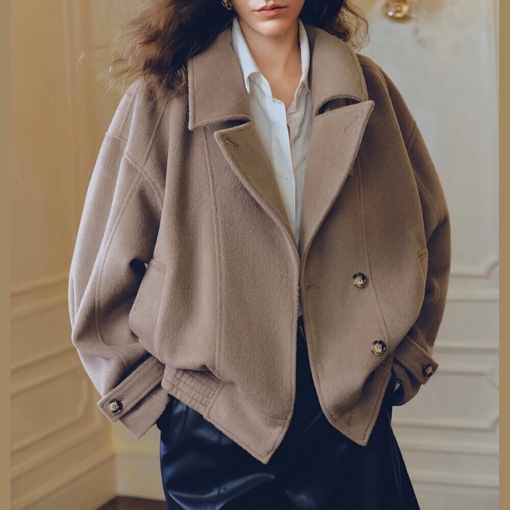 Tan Brushed Oversized Double Breasted Lapel Short Pea Coat